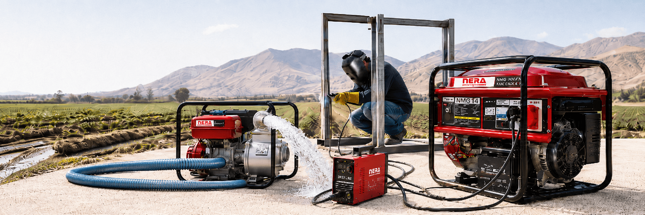 Generador y motobomba trabajando en un campo